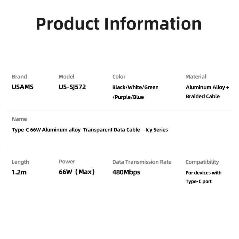 USAMS 100W 1.2M  Dây Cáp Sạc Nhanh USB Type C  Cho Notebook / Điện Thoại / Máy Tính Bảng