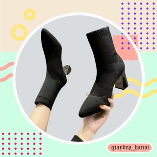  Bốt nữ cao cổ đế vuông tráng bạc cao cấp Giày Bốt nữ cổ chun loại sịn gót cao 7cm siêu hot mũi nhọn sang chảnh 