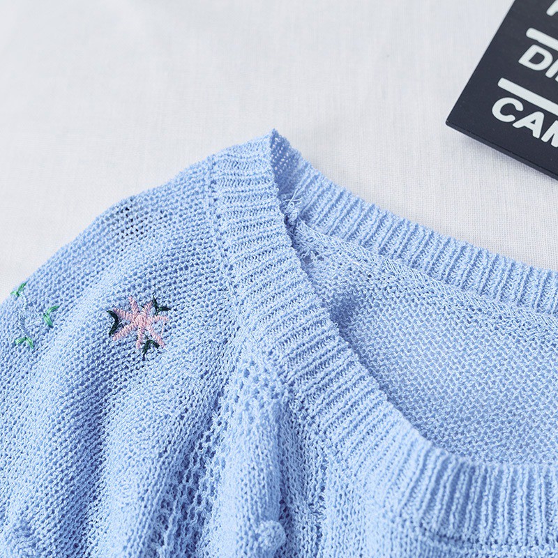 Áo Thun Dệt Kim Cổ Tròn Thêu Họa Tiết Xinh Xắn Kiểu Hàn Quốc Cho Nữ