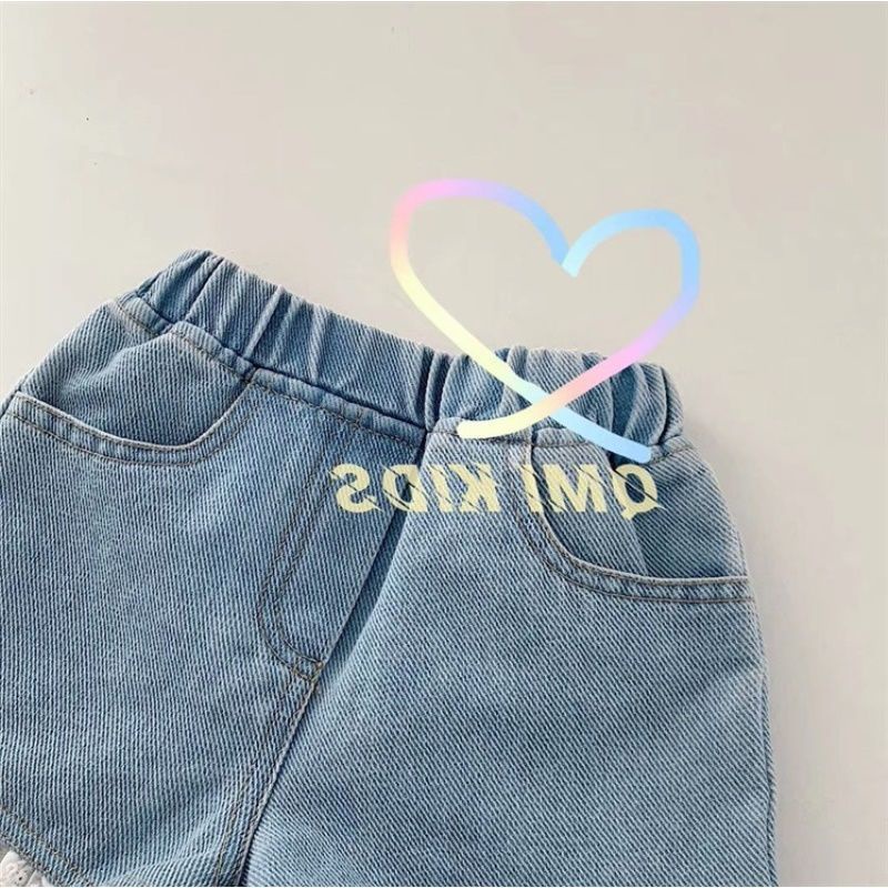 Quần short denim phối ren mềm mại độc đáo phong cách Hàn Quốc thời trang mùa hè cho bé gái