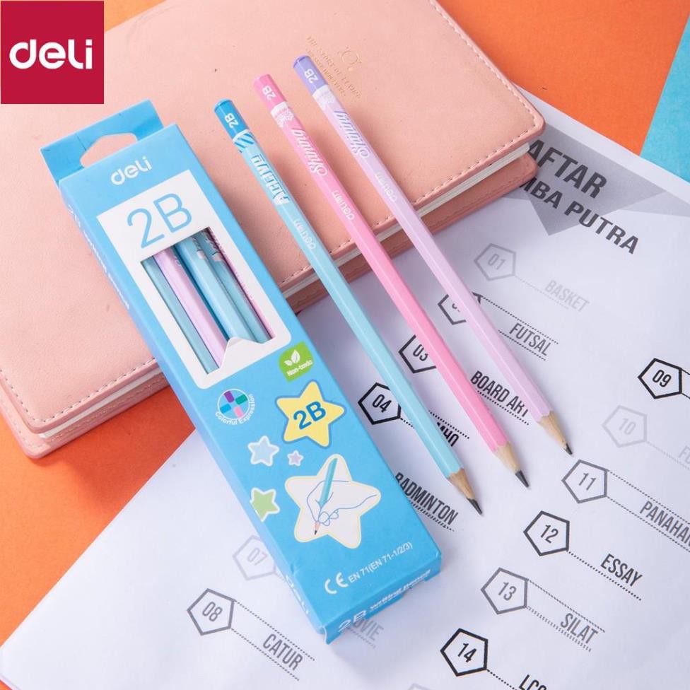 Bút chì 2B Deli - Cán bút 6 cạnh - Xanh dương, hồng, tím - 12 chiếc/hộp - WS929 [Deli]