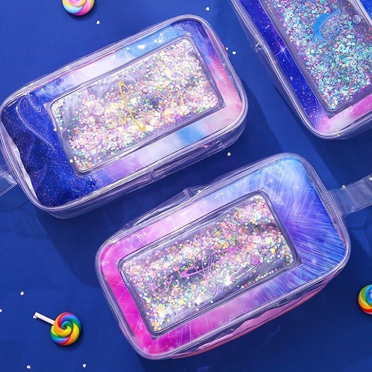 Hộp bút trong suốt để bàn đựng văn phòng phẩm mỹ phẩm có nhũ kim tuyến bao quanh không đèn led lung linh