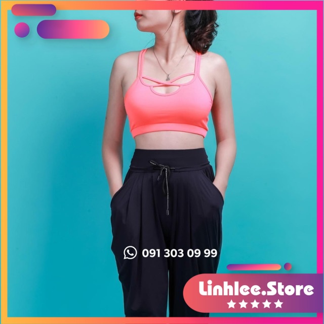 Áo bra hai dây đan chéo màu trơn có sẵn đệm ngực, quần lửng jogger phối lưới mặt sau tập gym,yoga,aerobic