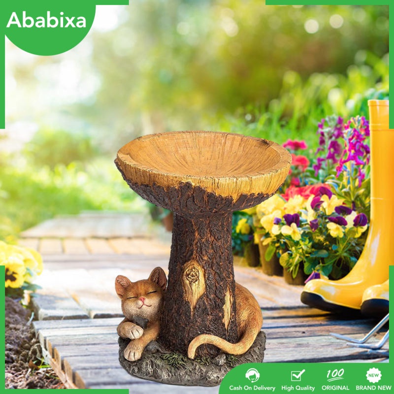 Bồn tắm resin cho chim tắm điêu tắc tượng thân cây và chú mèo trang trí sân vườn/bãi cỏ