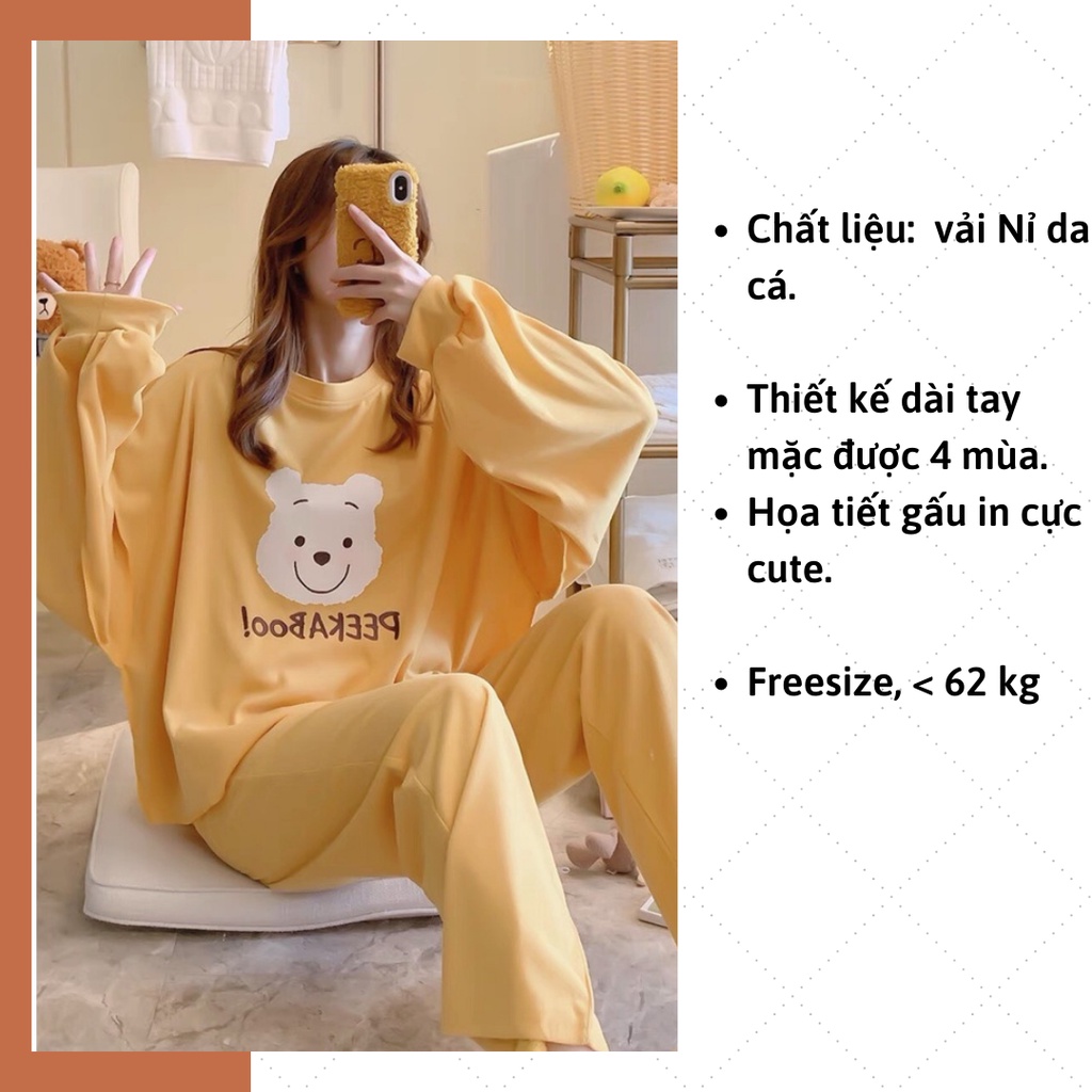 Đồ ngủ nữ dài tay mùa đông in hình gấu PEEKABOO0 cute bộ nỉ nữ HANY CLOTHINGS X090 màu VÀNG/HỒNG/XANH | BigBuy360 - bigbuy360.vn