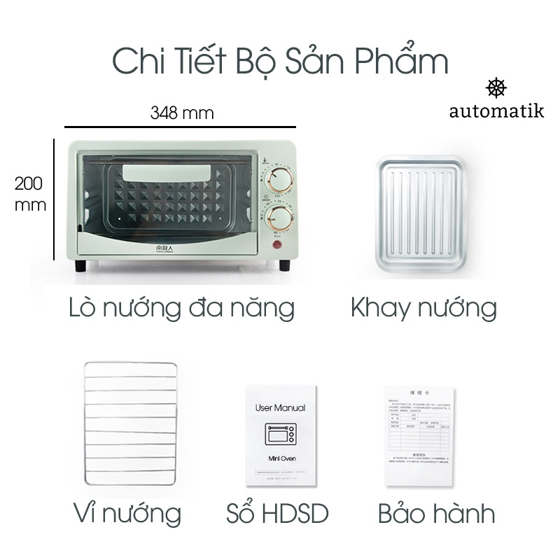 [BH 12 Tháng] Lò Nướng Điện Mini Đa Năng Nướng Bánh, Thịt, Pizza Chín Đều 12L + Tặng Găng Tay Cách Nhiệt - Automatik