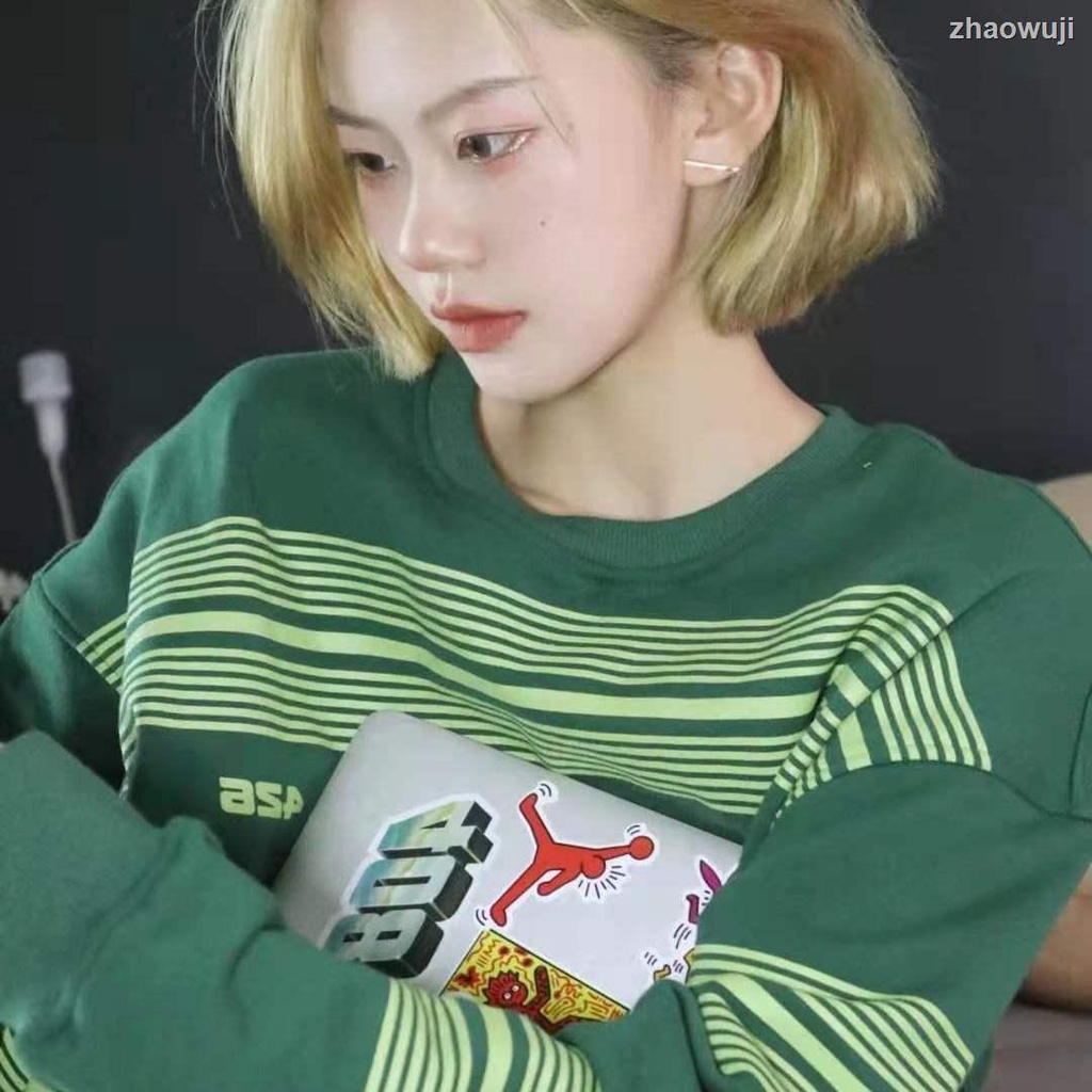 Áo Sweater cổ tròn dáng rộng in kẻ sọc kiểu Retro đường phố cho các cặp đôi