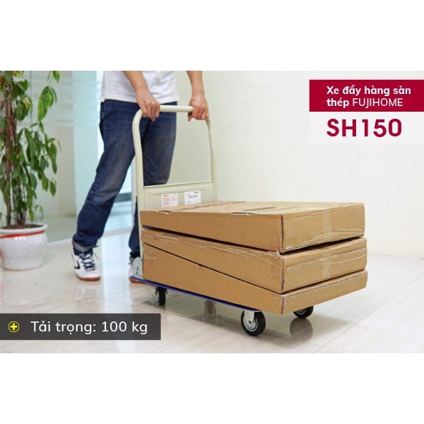 Xe đẩy hàng 4 bánh gấp gọn chở 100kg Nhập Khẩu FUJIHOME SH150, xe kéo hàng gấp gọn đa năng sàn thép,bánh cao su chống ồn