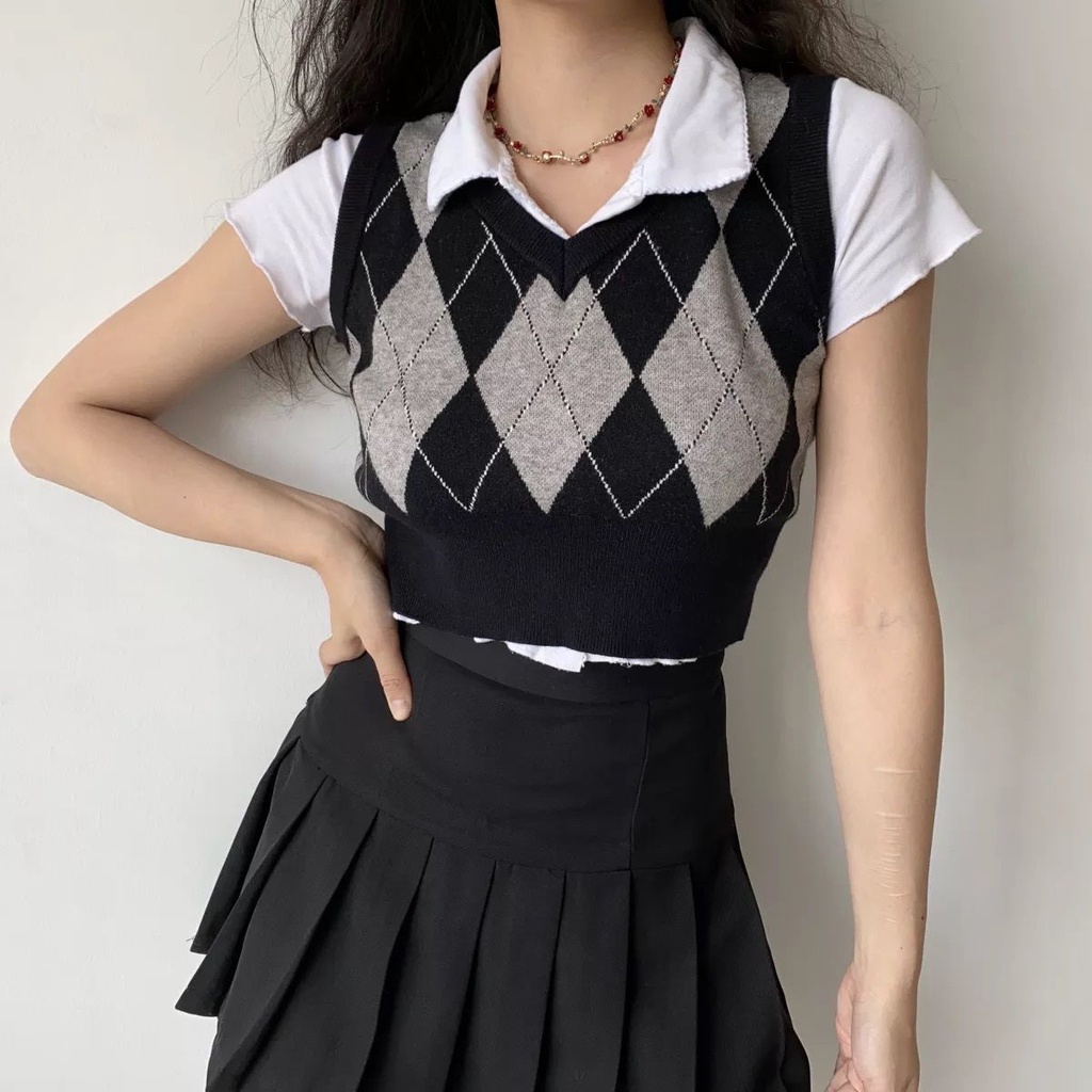 Áo khoác len không tay họa tiết hình thoi màu sắc retro cho nữ
