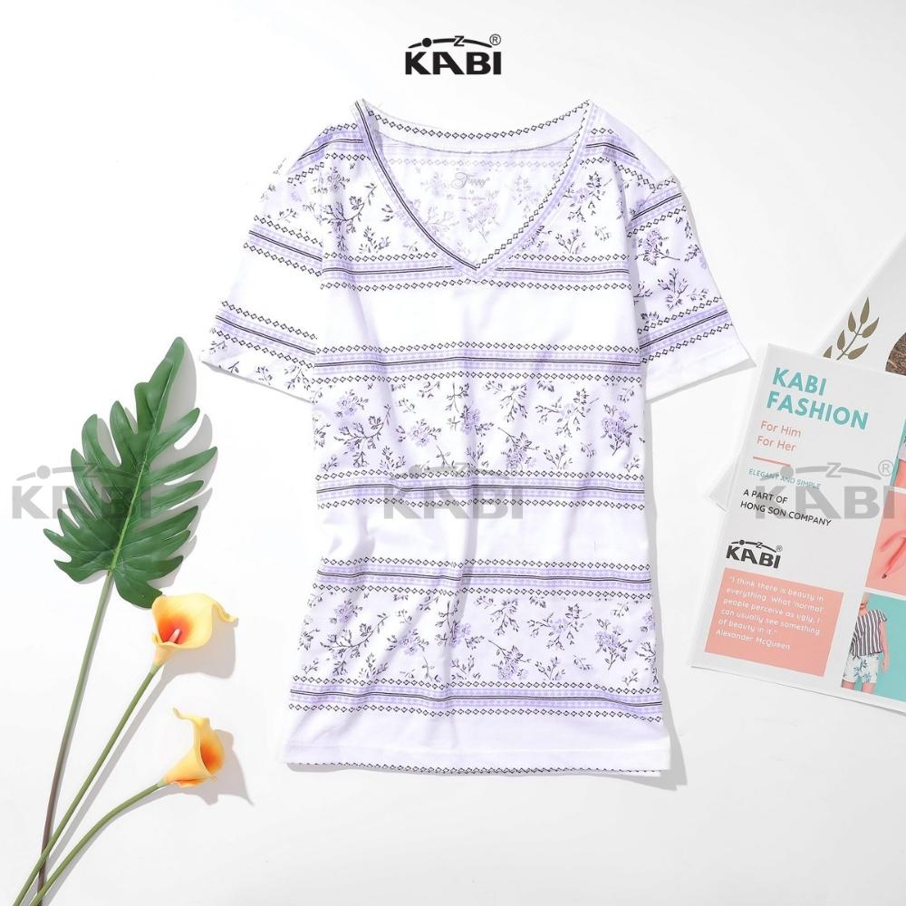 Áo thun tay ngắn nữ KABI áo cotton co giãn cổ tim cổ chữ v họa tiết bông thoáng mát - FA0238