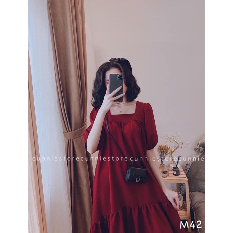 ĐẦM ĐŨI-Váy maxi dáng suông đuôi cá cổ vuông buộc dây sau 2 màu đỏ-đen