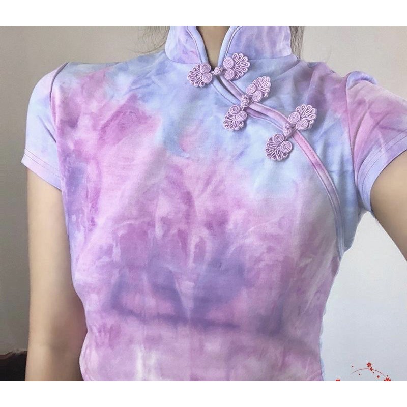 Áo croptop cổ tàu loang màu