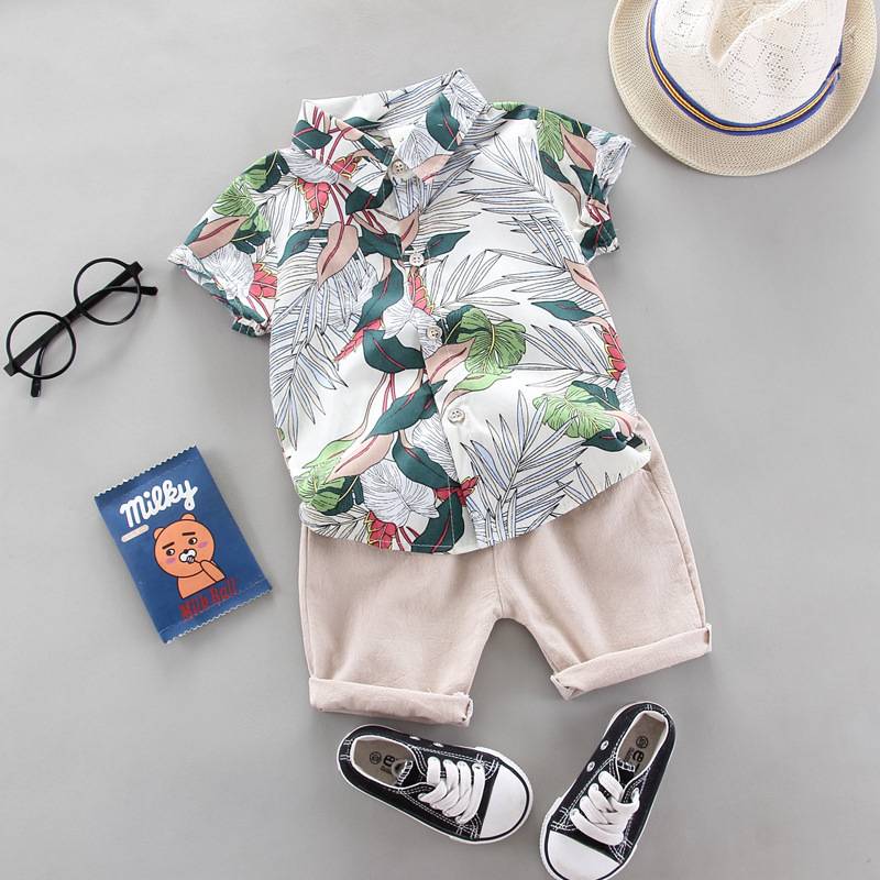 0-5 tuổi Chàng trai Thời trang Mùa hè Trẻ em Lapel Bộ đồ ngắn tay Boy Lá Hoa văn Áo sơ mi ngắn tay + Quần short 2 mảnh Set