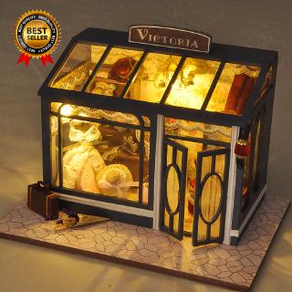 DIY Dollhouse Wooden Miniature Furniture Kit Mini Vintage Shops Store With LED Girl