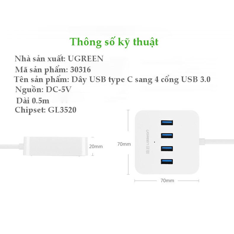 Cáp Chuyển USB Type C ra 4 Cổng USB 3.0 Ugreen 30316 - Hàng Chính Hãng