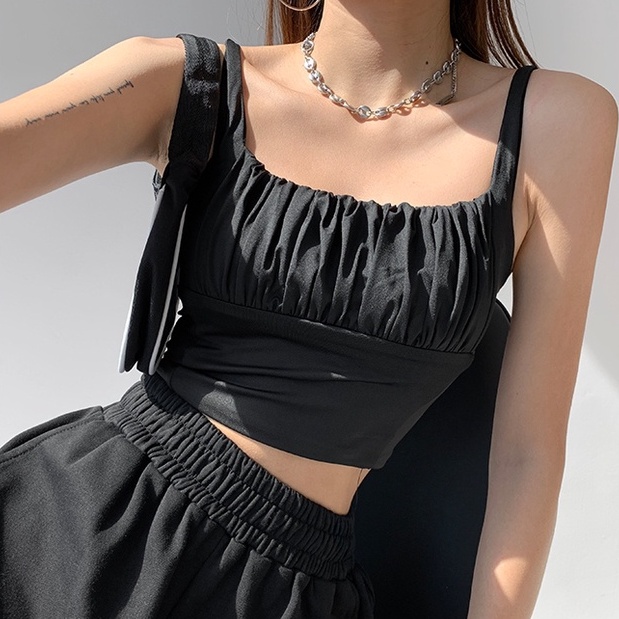 Áo hai dây thun croptop cổ U nhún ngực sexy phom ôm màu trơn BS30