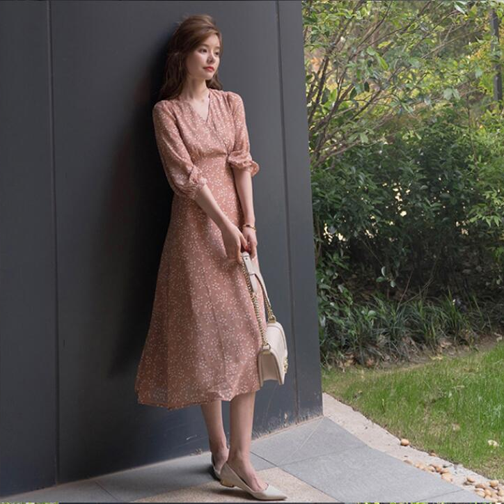 Đầm tay dài cổ chữ V thời trang dành cho nữ