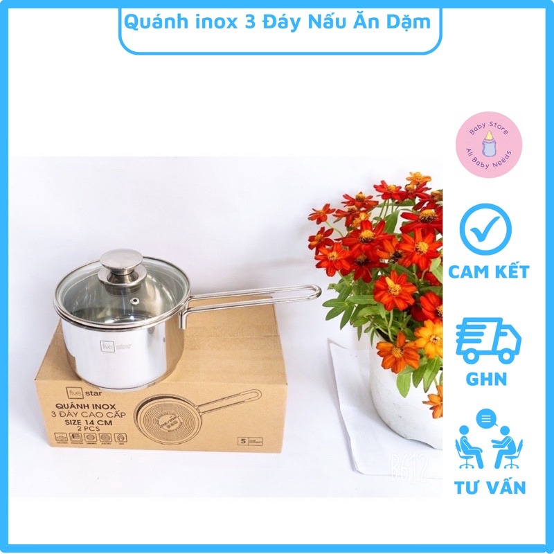 Quánh Inox 3 Đáy Nấu Cháo, Nấu Bột Cho Bé Ăn Dặm Fivestar Standard Nắp Kính