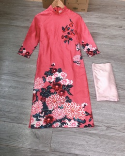 Set áo dài gấm hoa mẫu đơn đỏ