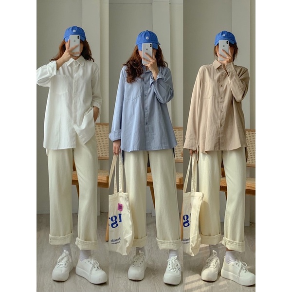 Áo sơ mi thô nữ tay dài form rộng kiểu basic màu trắng. Áo sơ mi kiểu nữ ulzzang phong cách hàn quốc