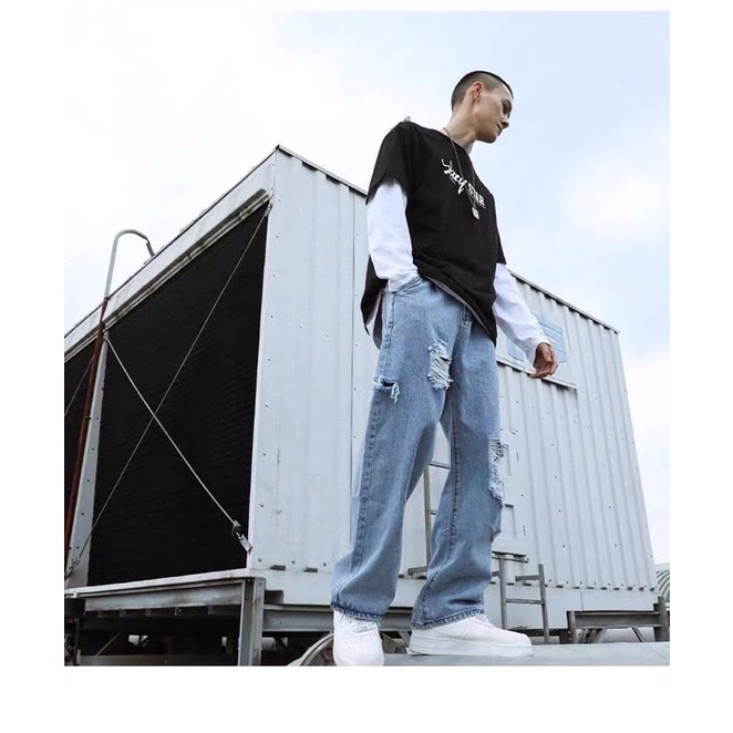 Quần bò jeans ống rộng rách cách điệu tua rua mài oversize hiphop Ulzzang siêu chất ❤️