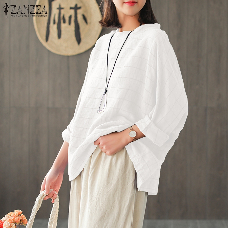 ZANZEA Áo Kiểu Tay Cánh Dơi Họa Tiết Caro Thời Trang Cho Nữ