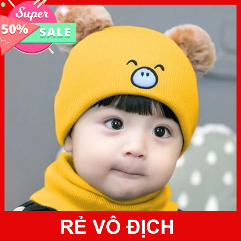 Sale Sỉ-( SIÊU HOT ) Mũ Len Heo Kèm Khăn Siêu Kute Ấm Áp cho bé 0-2 tuổi