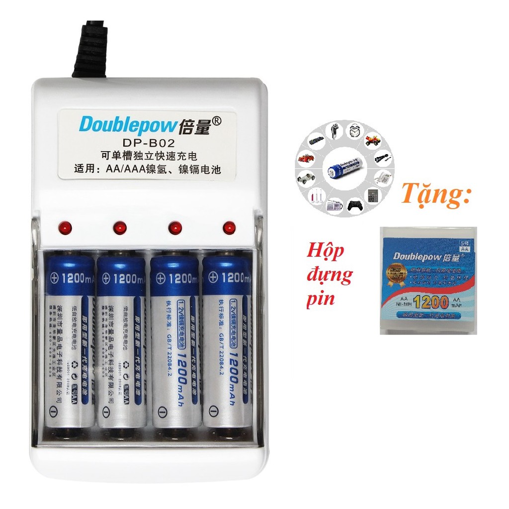 Bộ 4 Pin Tiểu Sạc AA 1200mAh + Sạc Pin Doublepow DP-B02 - Tặng Hộp Đựng Pin