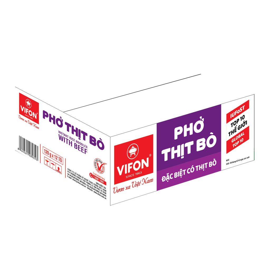 Thùng 12 Tô Phở Thịt Bò Có Thịt Thật VIFON 120g/Tô