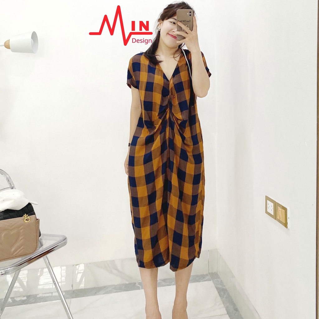 Váy suông dáng dài nhún ngực cách điệu, đầm dự tiệc công sở dạo phố V13 - MIN Design