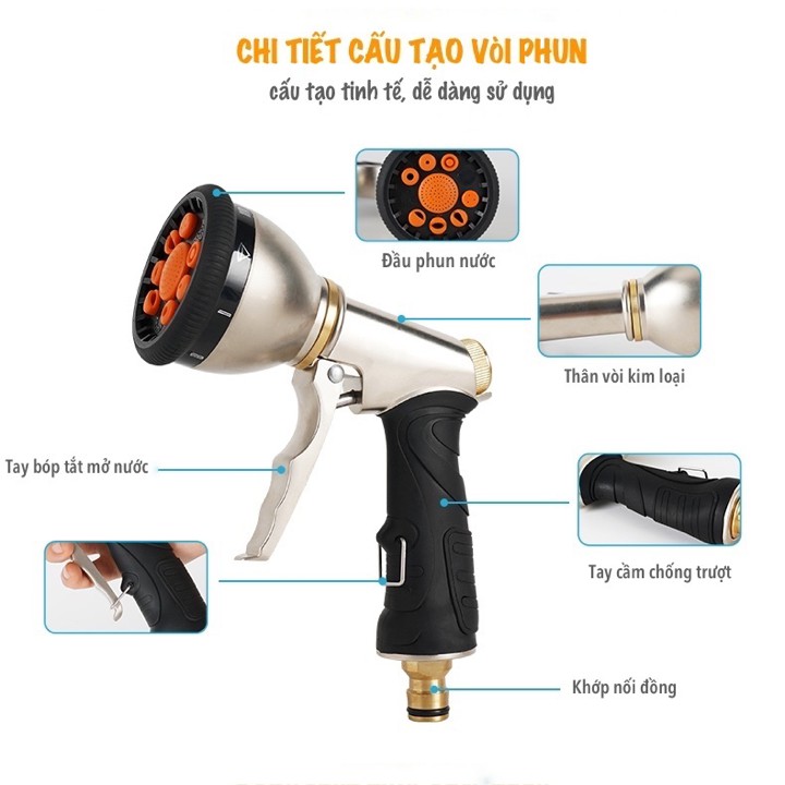 Vòi tưới cây rửa xe đa năng, vòi xịt nước làm bằng chất liệu KIM LOẠI có 9 KIỂU PHUN - RC236