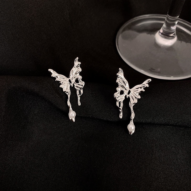 Bông Tai Hình Bướm Đính Ngọc Trai Sang Trọng Phong Cách hip hop Hàn Quốc