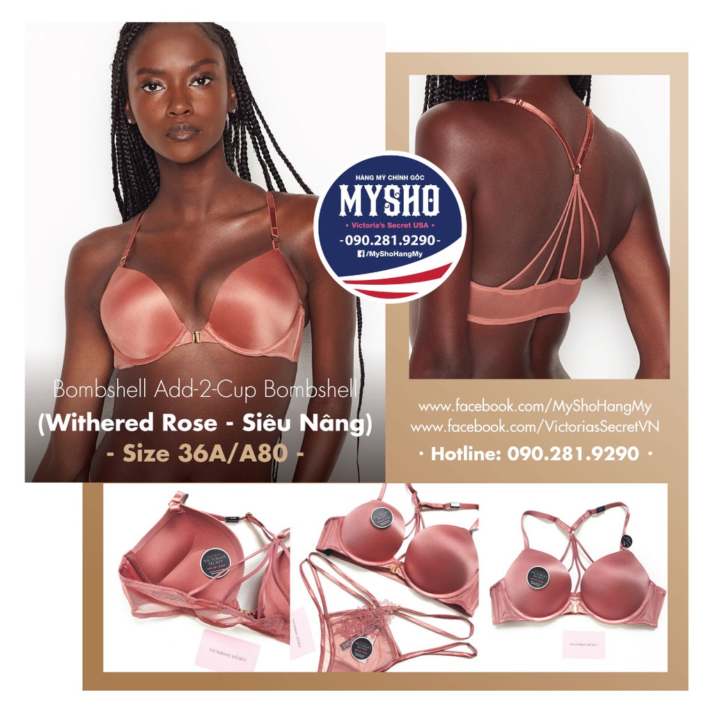 (Bill Mỹ 36A, A80) - Áo hồng đất, gài trước, siêu nâng, Bombshell Add-2-cups, Withered Rose - Victoria Secret USA | BigBuy360 - bigbuy360.vn