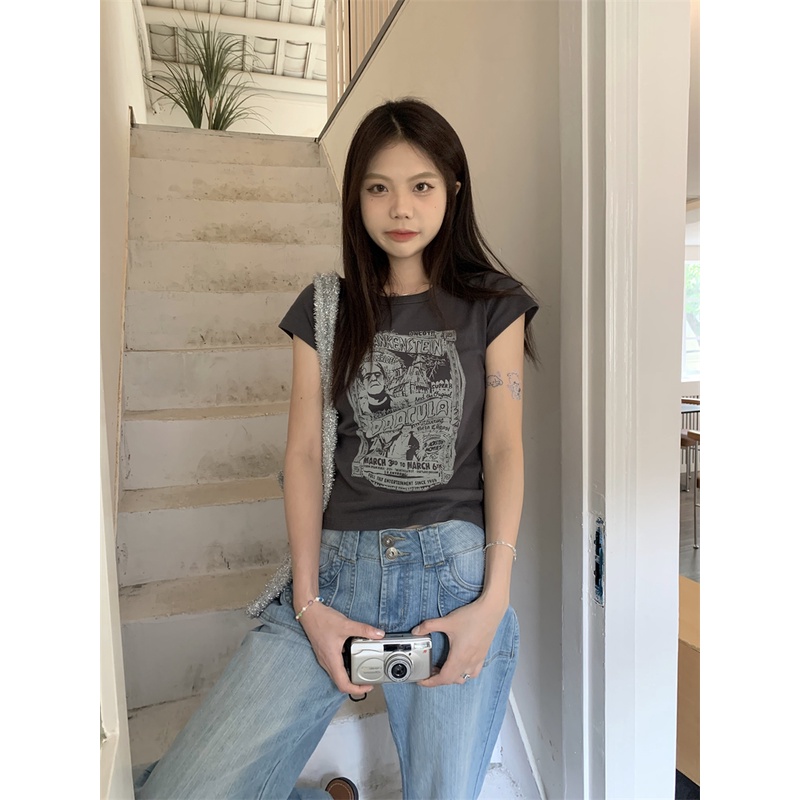 Áo Thun Tay Ngắn Dáng Ôm In Họa Tiết Cổ Điển Thời Trang Phong Cách Hàn Quốc Cho Nữ
