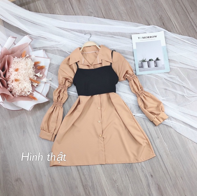 Set đầm sơ mi phối áo cột nơ sau - S5U