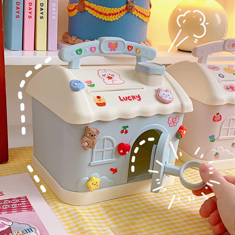 1 Bộ Hộp Đựng Tiền Tiết Kiệm Bằng Nhựa Cỡ Lớn Để Bàn Trang Trí Hình Ngôi Nhà Dễ Thương Có Miếng Dán Làm Quà Tặng Cho Bé Trai/Bé Gái