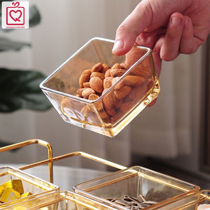 Khay mứt đựng bánh kẹo Tết vuông -hũ thủy tinh xanh, trắng giá sắt nắp trong suốt