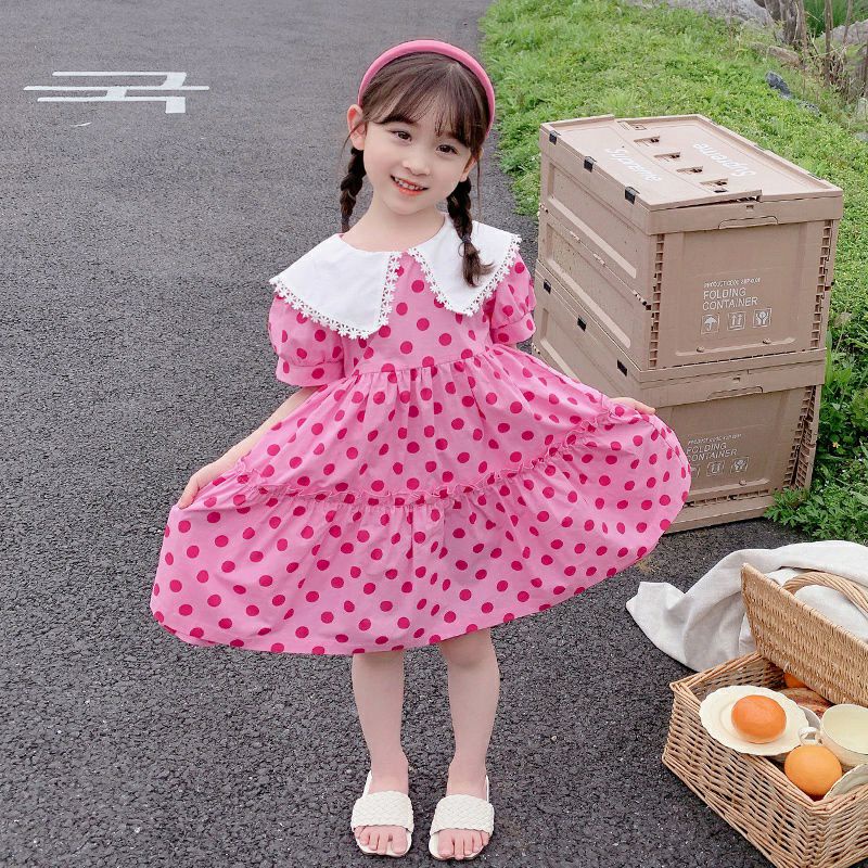 Váy bé gái chấm bi cổ ren - Đầm  cho bé chất đũi mềm mát size 8 - 27ky