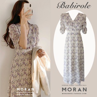 (ORDER) Váy hoa retro MORAN dáng dài cổ V thon eo dịu dàng sang trọng Hàn Quốc