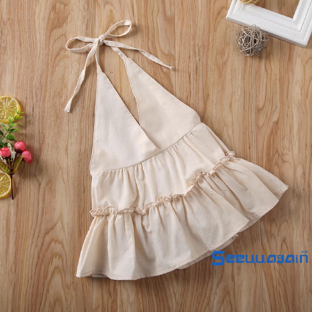❥☀✿SEEBaby Girl Clothes Ruffles Solid Color Sleeveless Deep V Neck Romper Dress