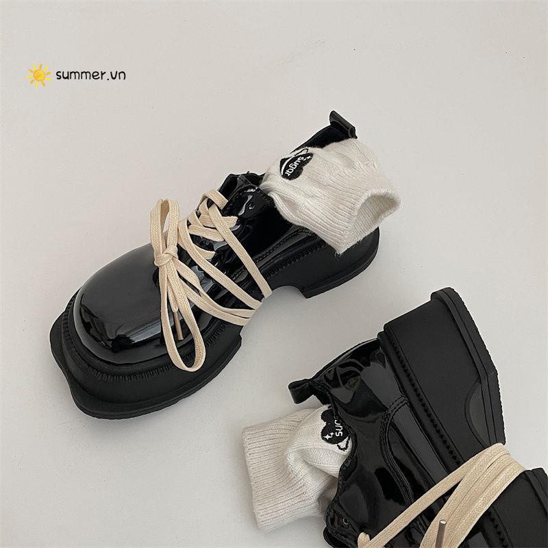 Giày Da Đế Dày Buộc Dây Kiểu Pháp Thời Trang Thu Đông 2022 Cho Nữ