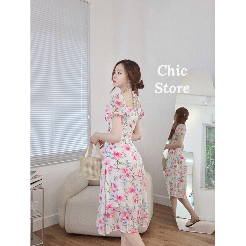 Đầm hoa nhí đi biển, mặc đi tiệc cột cổ sang trọng Chic.Store