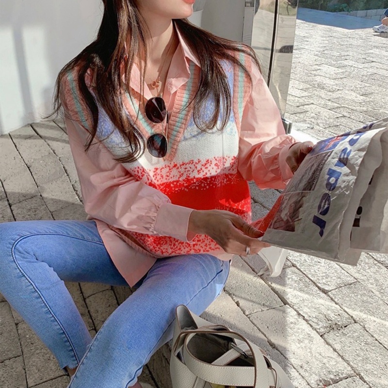 Áo Sweater Dệt Kim Sát Nách Dáng Rộng Kẻ Sọc Màu Cầu Vồng Dễ Phối Đồ Thời Trang Mùa