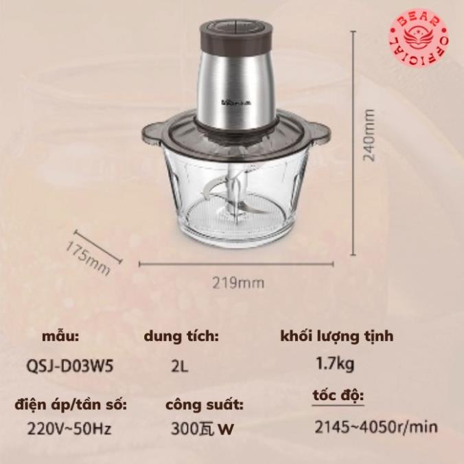 Máy Xay Thịt Mini Đa Năng Bear 2L QSJ D03W5 , Cối Xay Thực Phẩm, tỏi ớt, chả cá gia đình, cao cấp chính hãng_BH 18 tháng