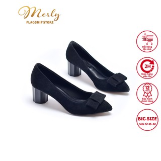 Giày gót thấp mũi nhọn đính nơ Merly 1222