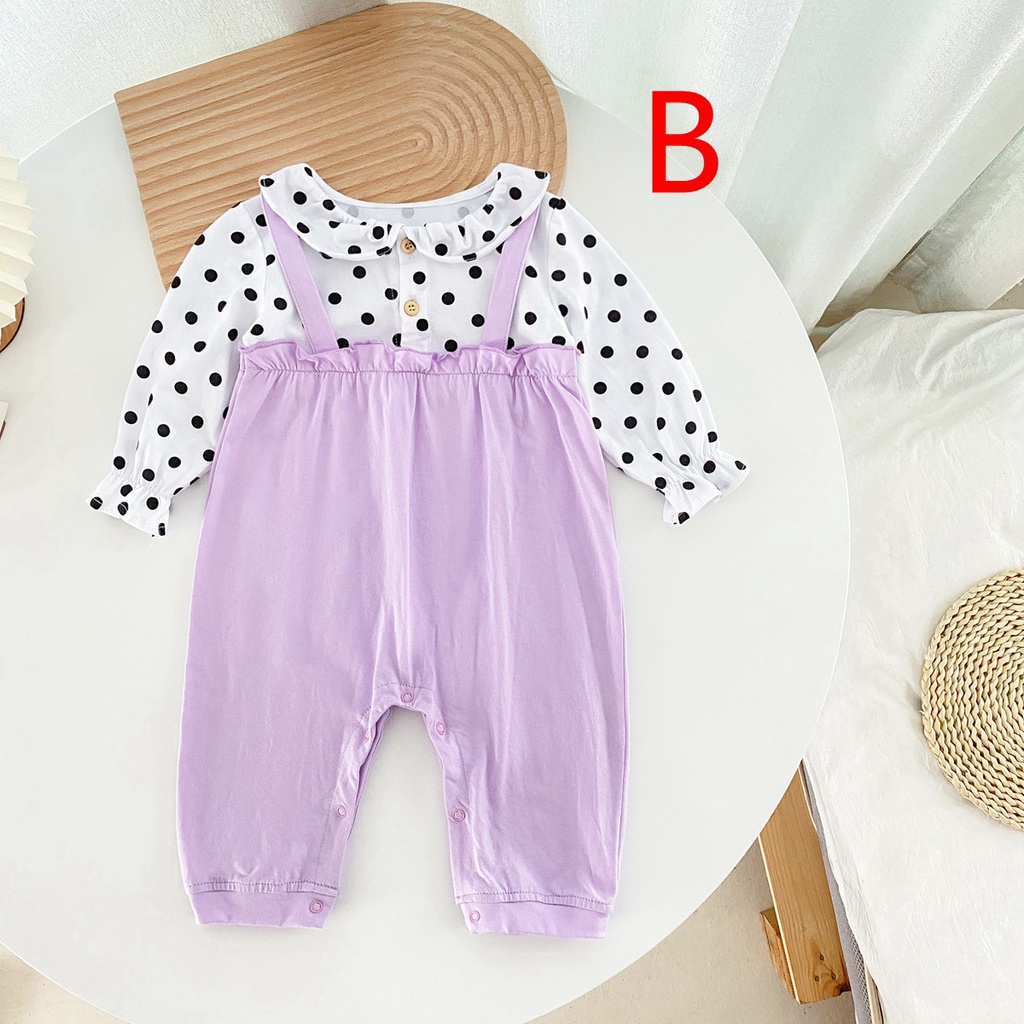 Áo liền quần SANLUTOZ vải cotton dài tay phối chấm bi dễ thương cho bé gái sơ sinh