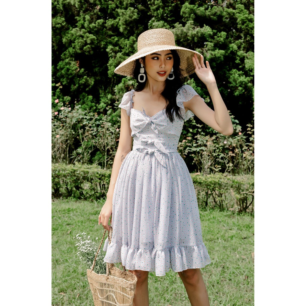 [Mã SKAMSALEP6 giảm 10% tối đa 100K đơn 150K] SÒ VINTAGE - ZALIA Đầm hoa thắt nơ tay cánh tiên