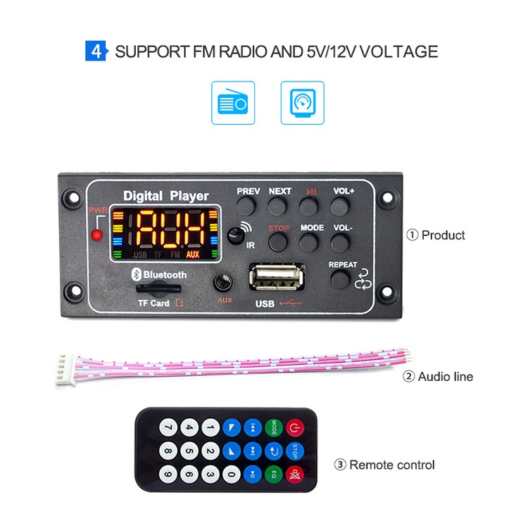Bảng Mạch Giải Mã DC 12V MP3 Bluetooth5.0 MP3 USB FM AUX Radio Cho Loa Rảnh Tay Cho Xe Hơi