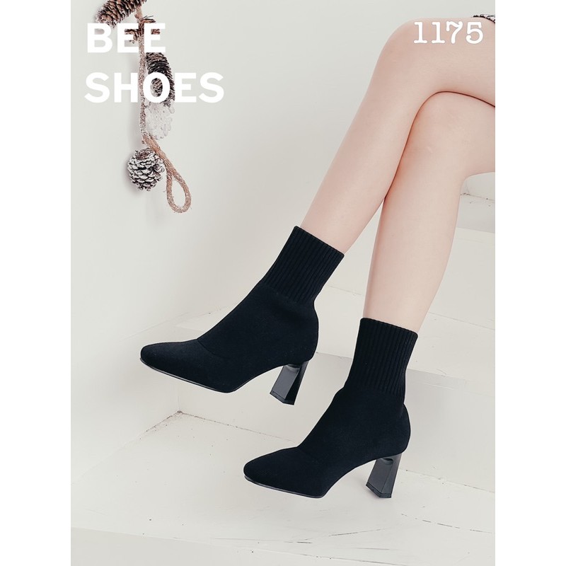 BEESHOES - GIÀY BOOT NỮ LEN MŨI TRÒN TRƠN CỔ CAO GÓT TRỤ - GIÀY BỐT NỮ MŨI TRÒN GÓT TRỤ CAO 7 PHÂN SẴN MÀU ĐEN 201175