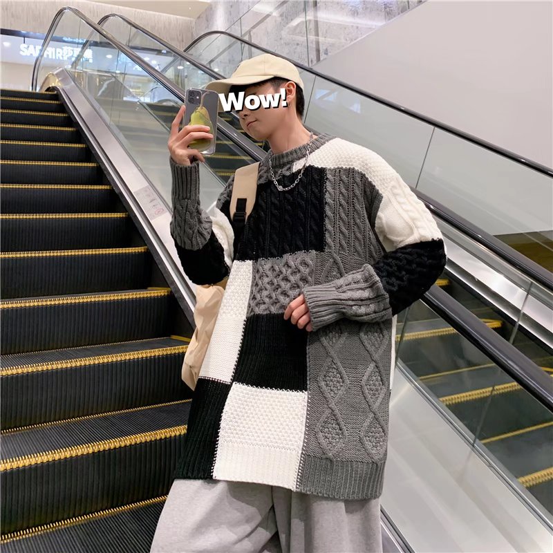 Áo Sweater Cổ Tròn Dáng Rộng Phối Màu Tương Phản Kiểu Nhật Hàn Thời Trang Thu Đông Cho Nam